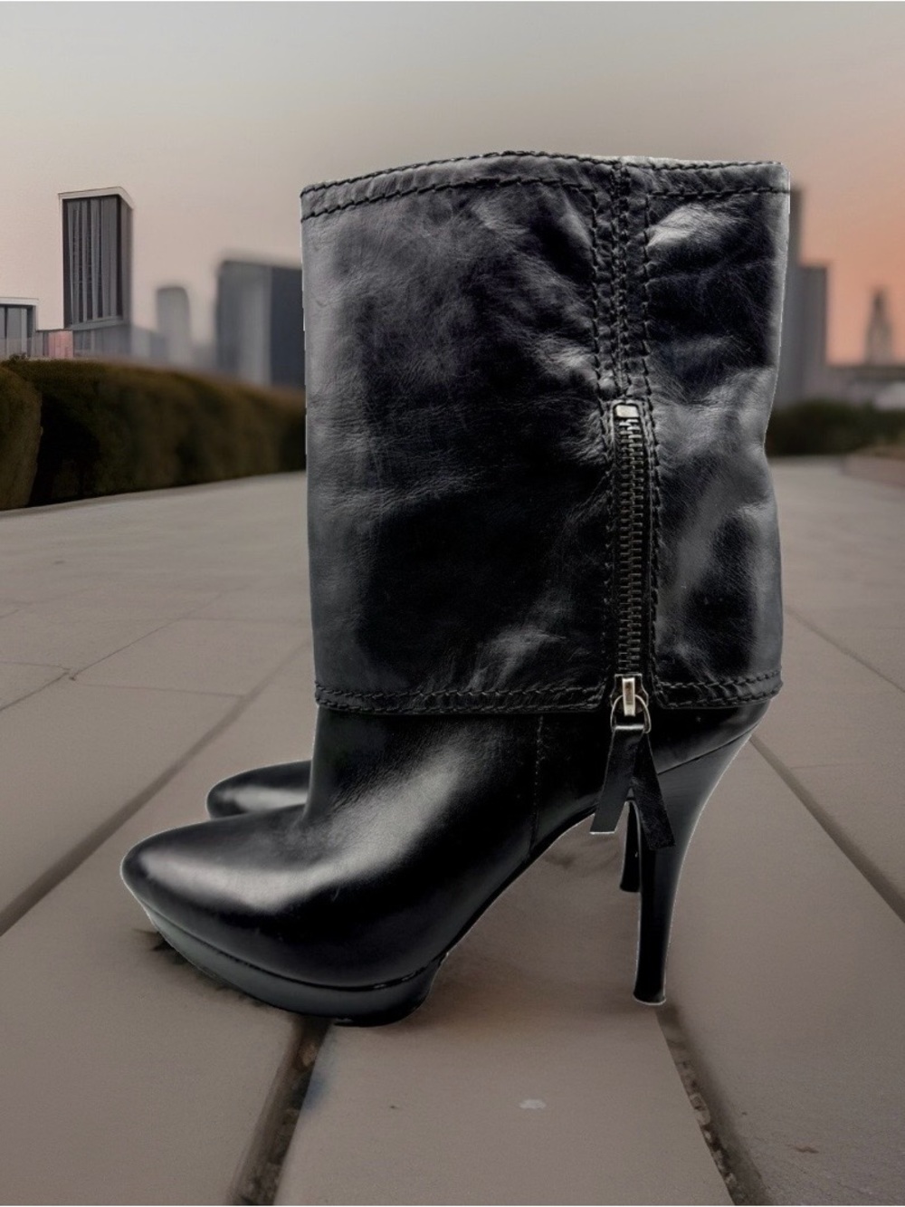 Nine West Black Leather Ankle Boots Platform Heel Size 8 - Picture 3 of 6